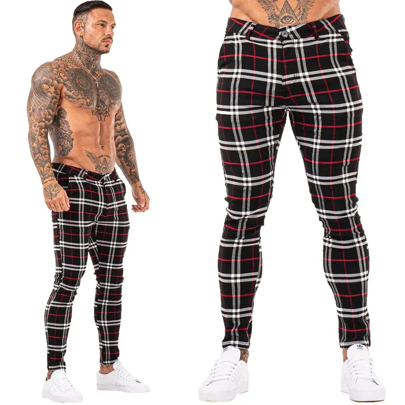 3104 Plaid Pattern Skinny Fit Chinos