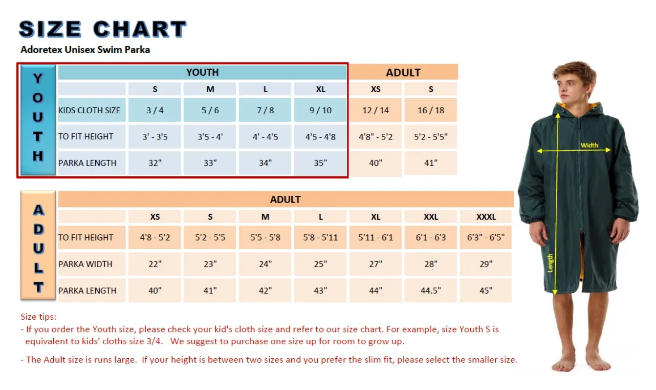 Adoretex Unisex Water Resistant Swim Parka for Adults and Kids Orange Lining (PK005)