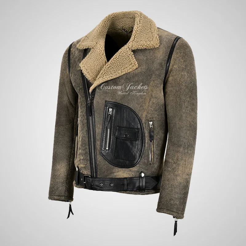 ASTER Men's Biker Sheepskin Pilot Jacket Natural Fur Shearling Jacket