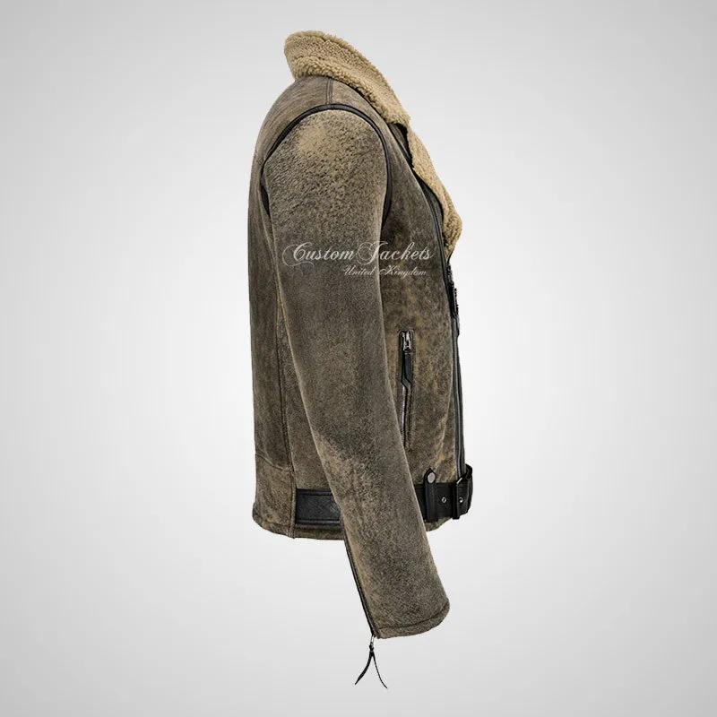 ASTER Men's Biker Sheepskin Pilot Jacket Natural Fur Shearling Jacket