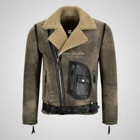 ASTER Men's Biker Sheepskin Pilot Jacket Natural Fur Shearling Jacket