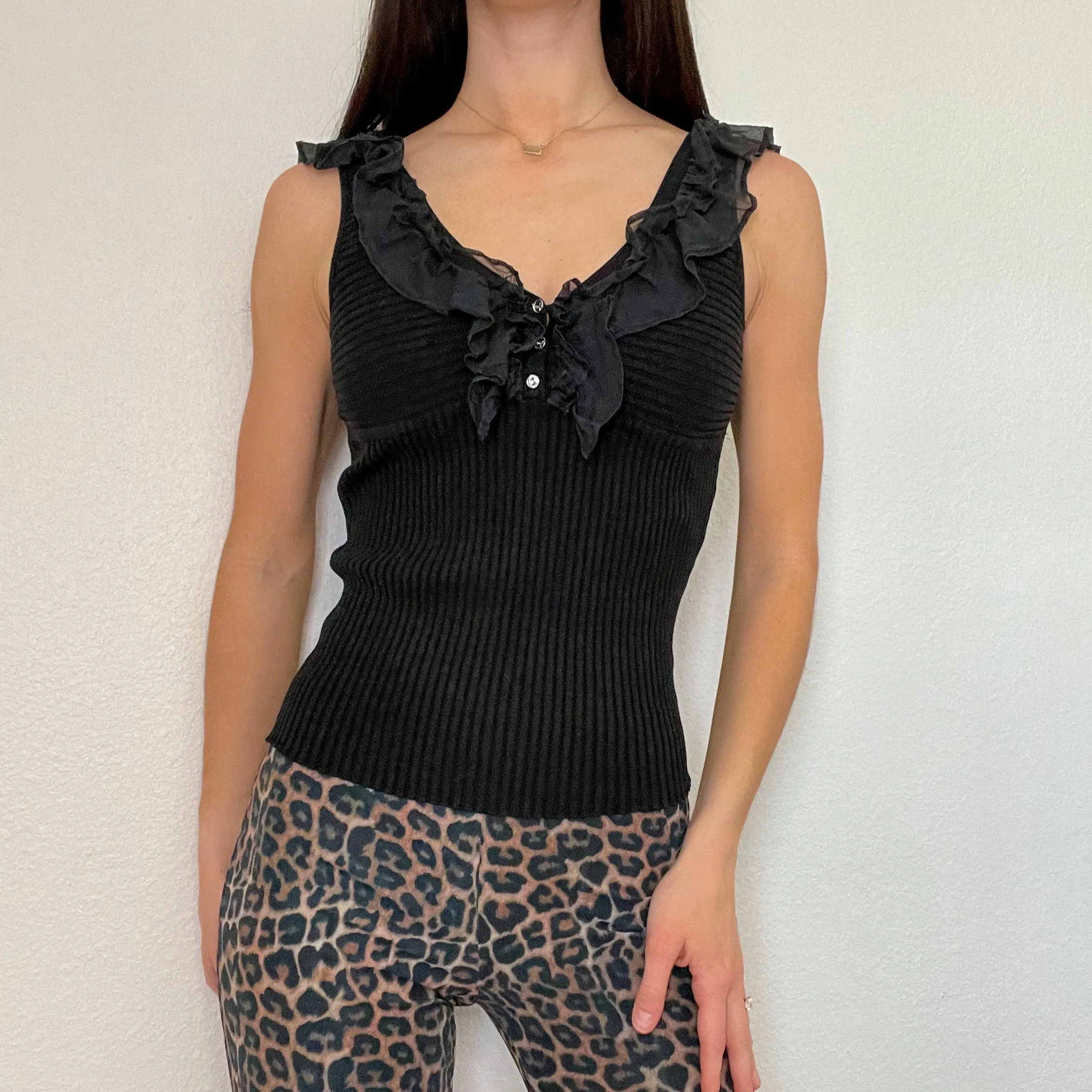 Black Ruffle Knit Tank Top