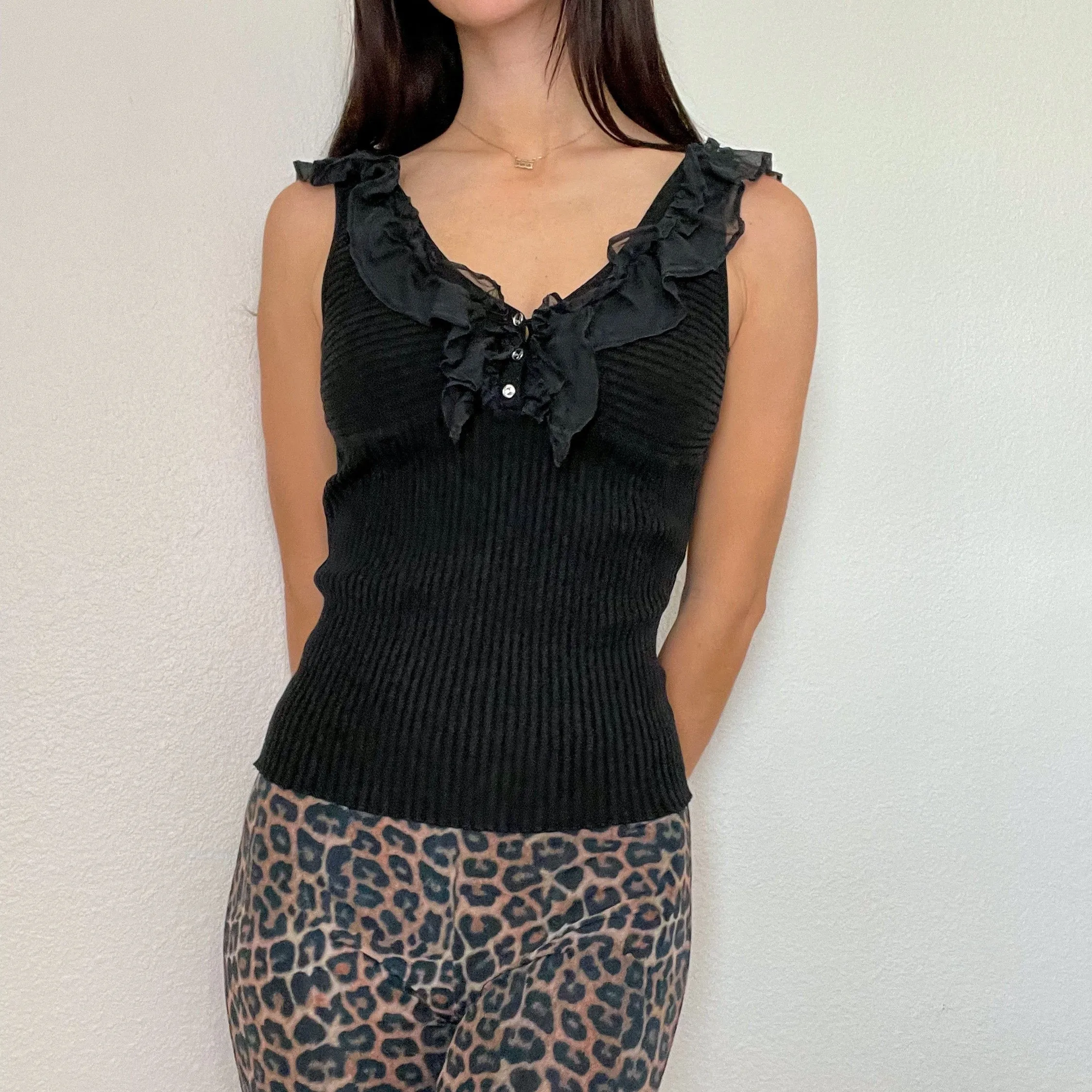 Black Ruffle Knit Tank Top