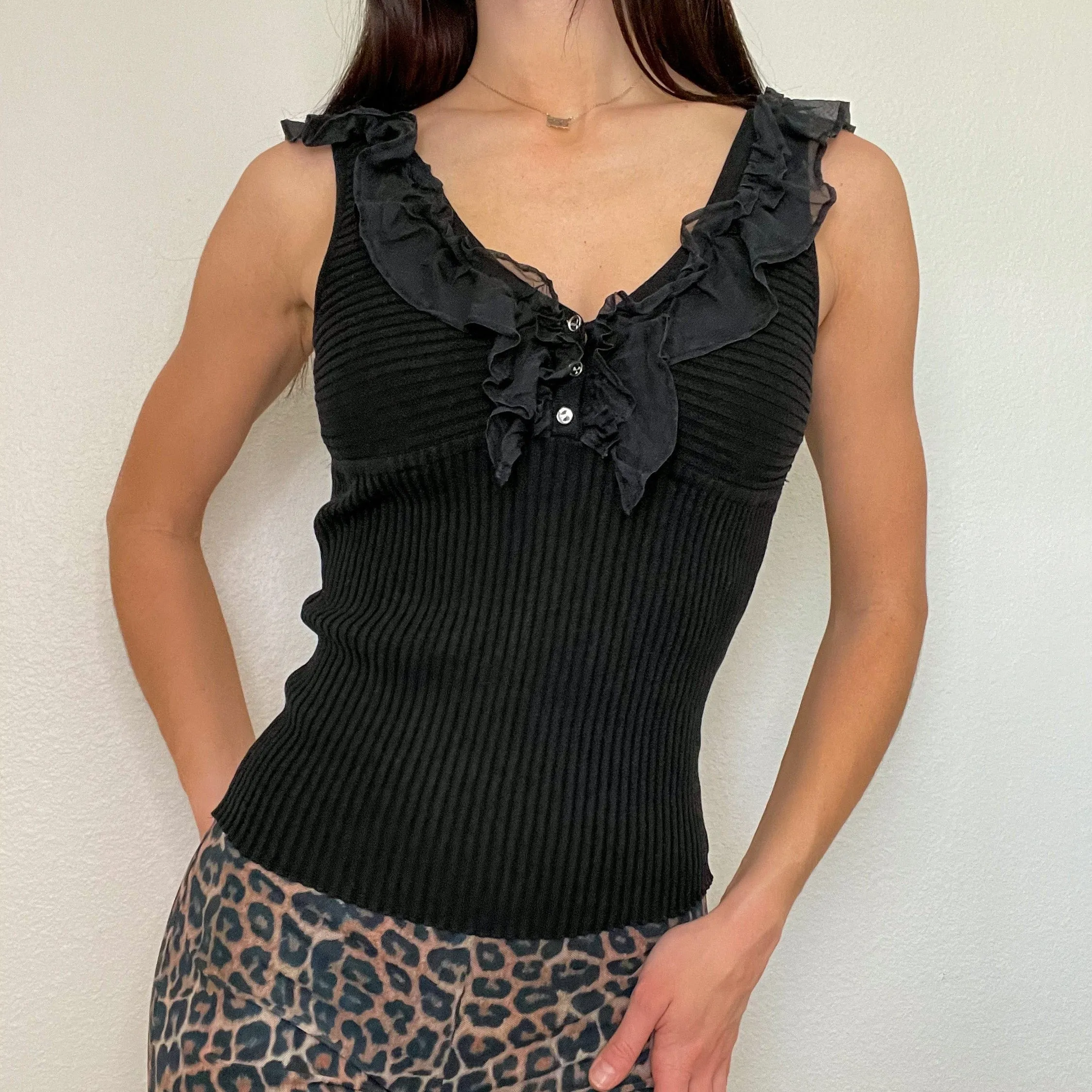 Black Ruffle Knit Tank Top