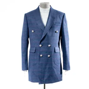 Blue Plaid Slim-Fit Buckled Peacoat