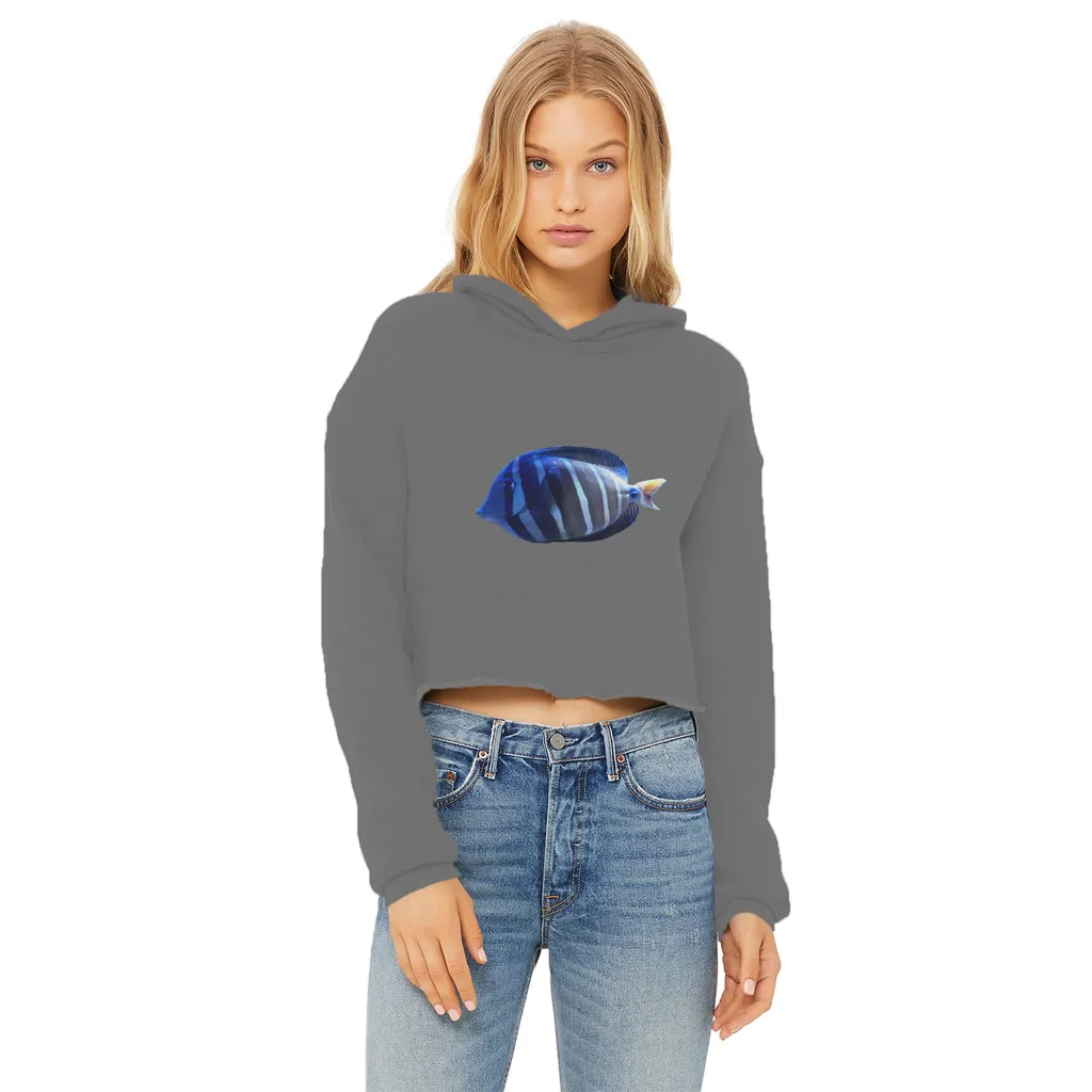 Blue Striped Fish Ladies Cropped Raw Edge Hoodie