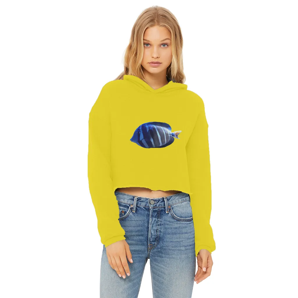 Blue Striped Fish Ladies Cropped Raw Edge Hoodie