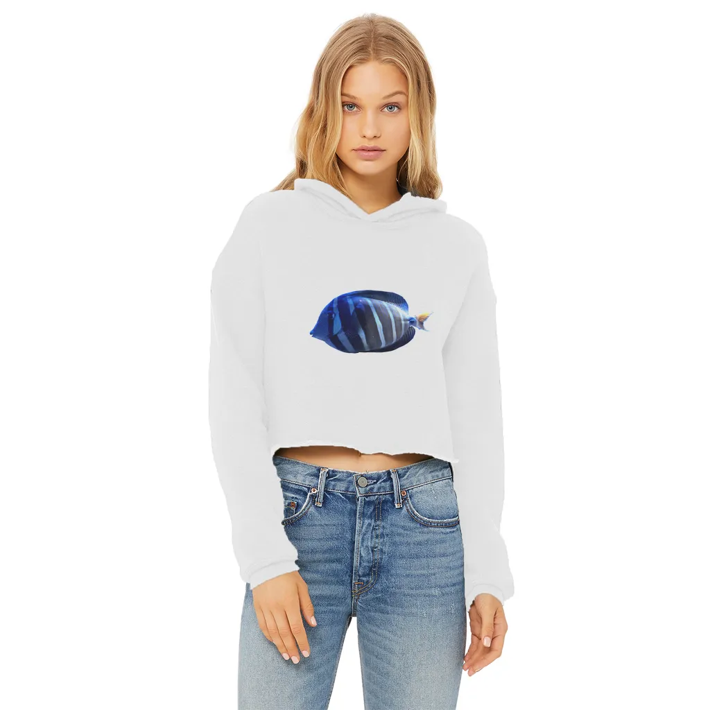 Blue Striped Fish Ladies Cropped Raw Edge Hoodie