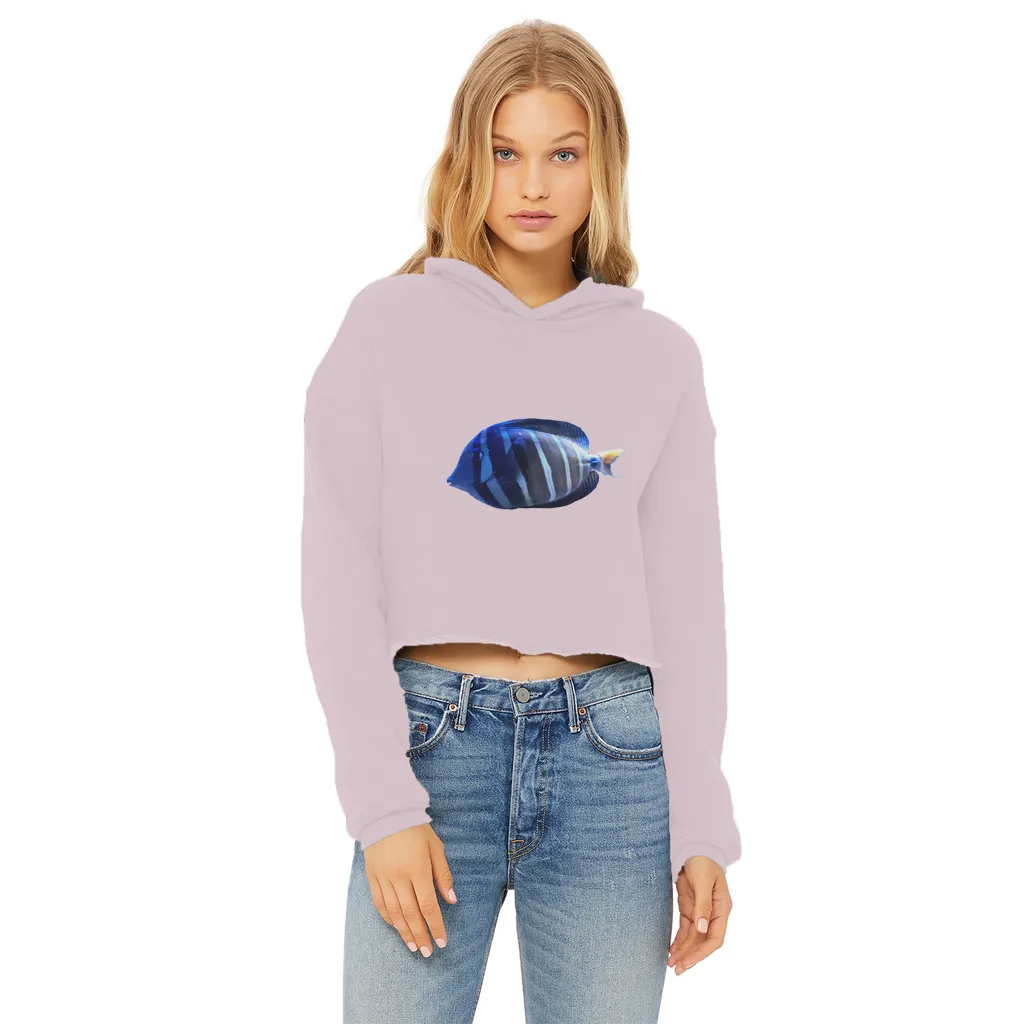 Blue Striped Fish Ladies Cropped Raw Edge Hoodie