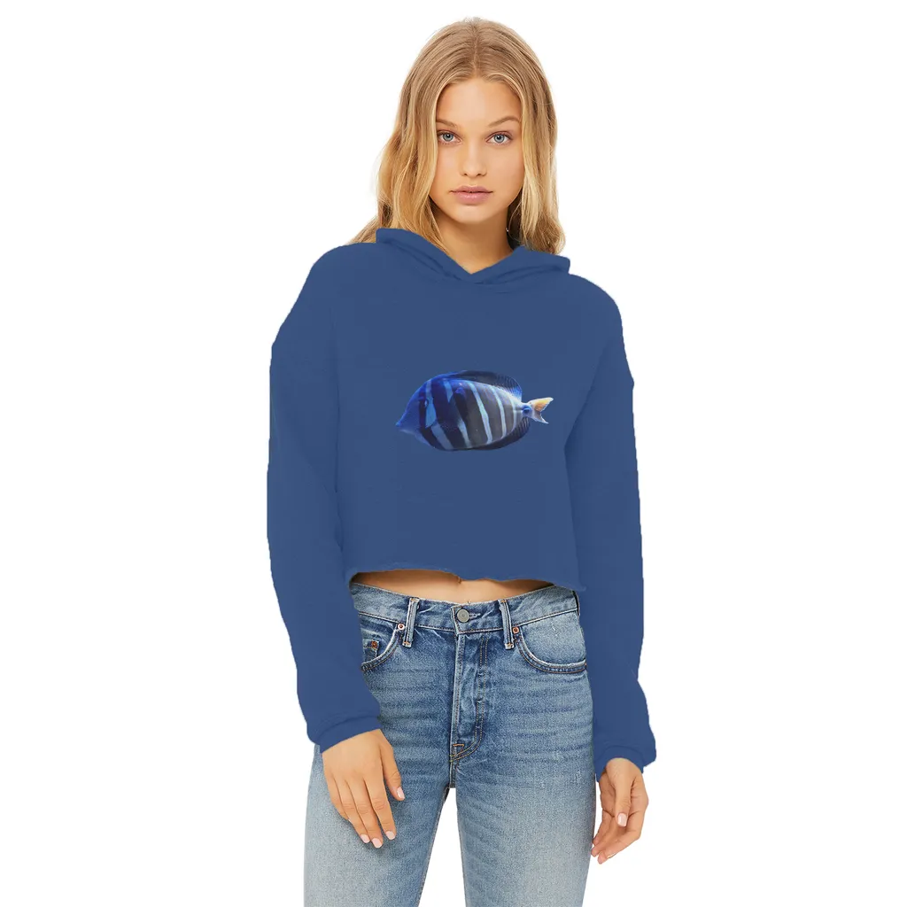 Blue Striped Fish Ladies Cropped Raw Edge Hoodie