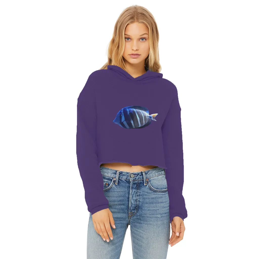 Blue Striped Fish Ladies Cropped Raw Edge Hoodie