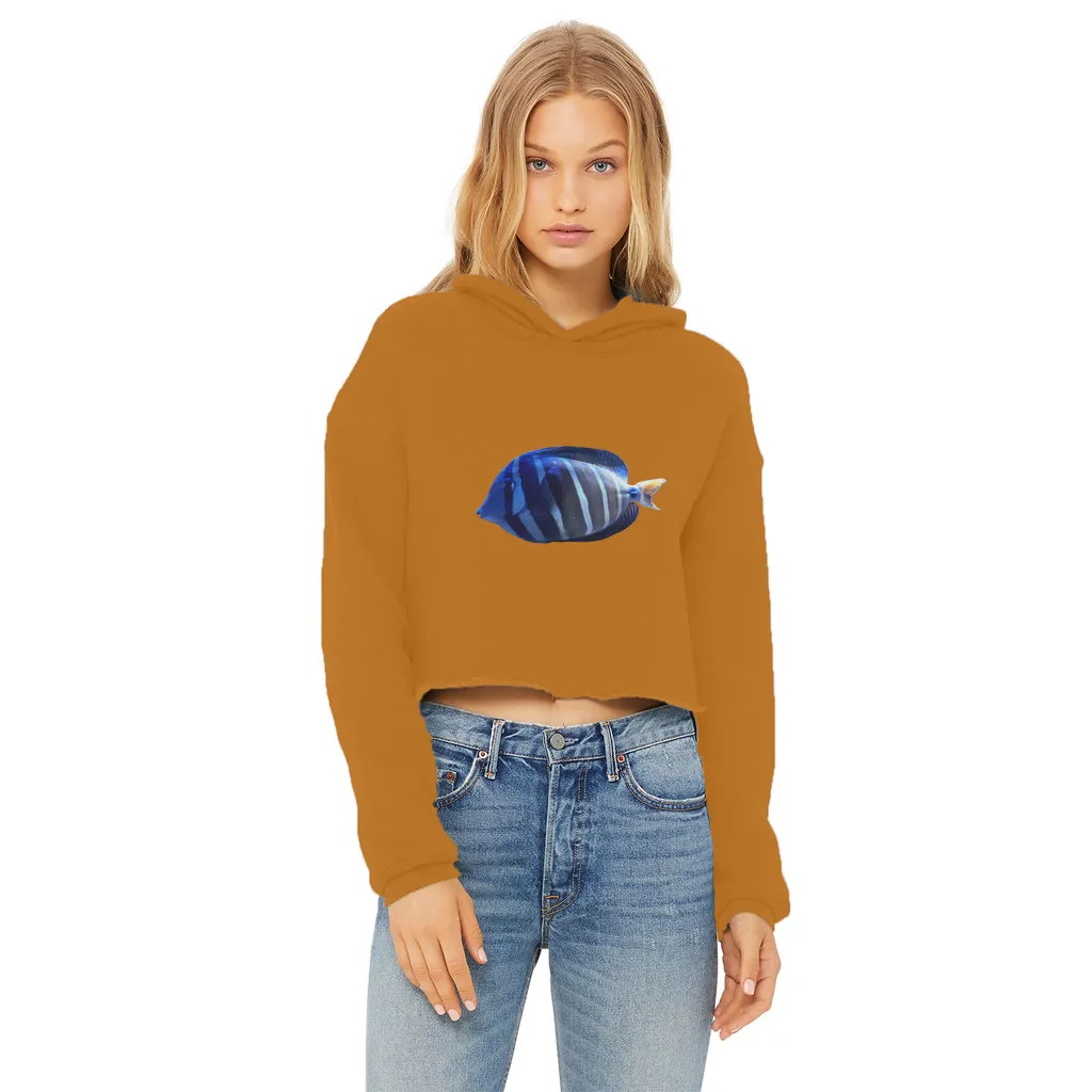 Blue Striped Fish Ladies Cropped Raw Edge Hoodie