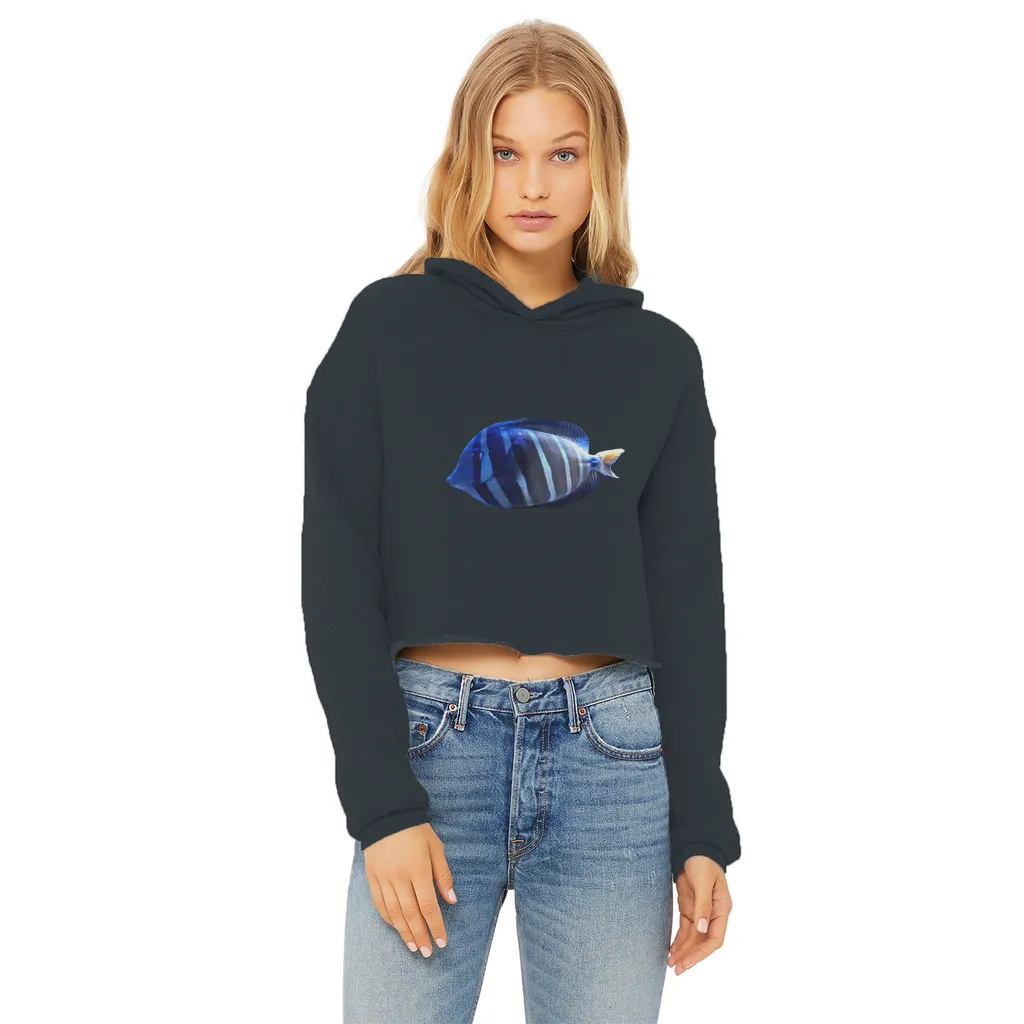 Blue Striped Fish Ladies Cropped Raw Edge Hoodie