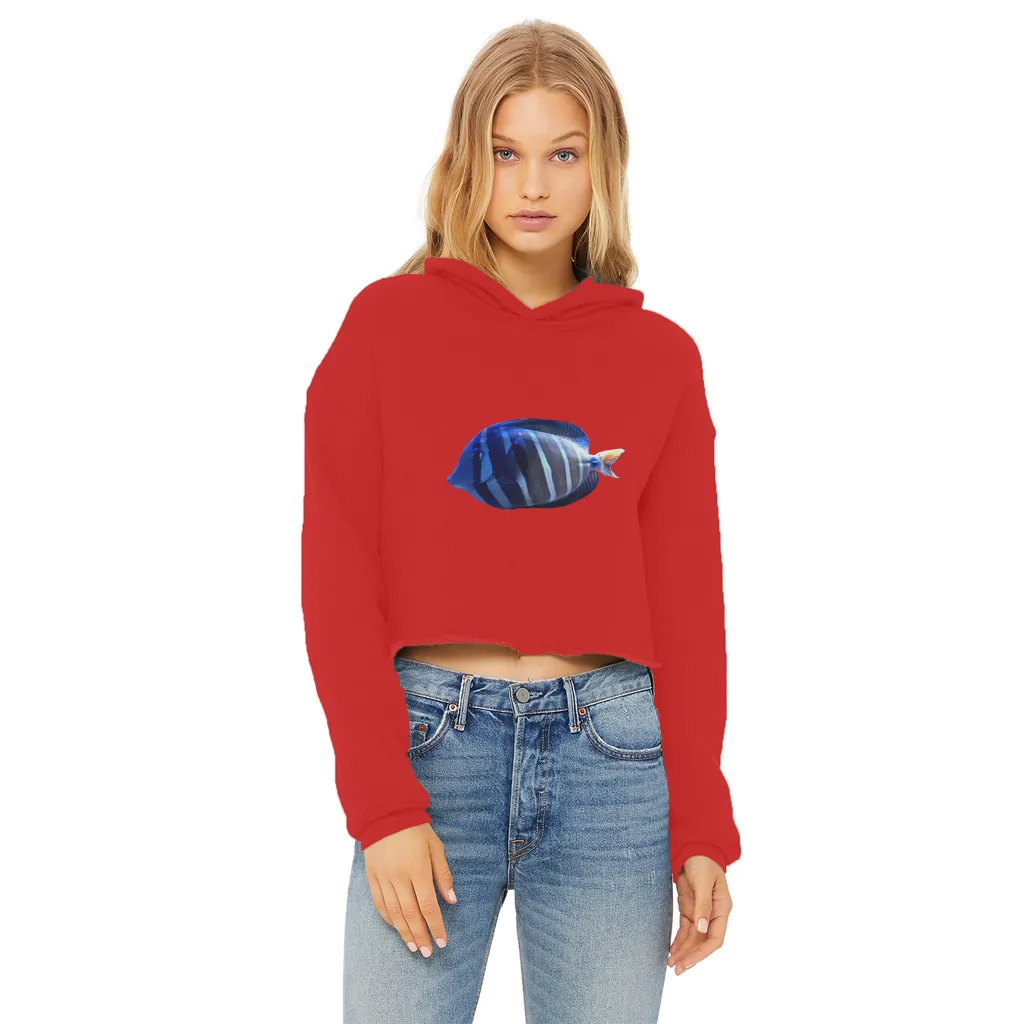 Blue Striped Fish Ladies Cropped Raw Edge Hoodie