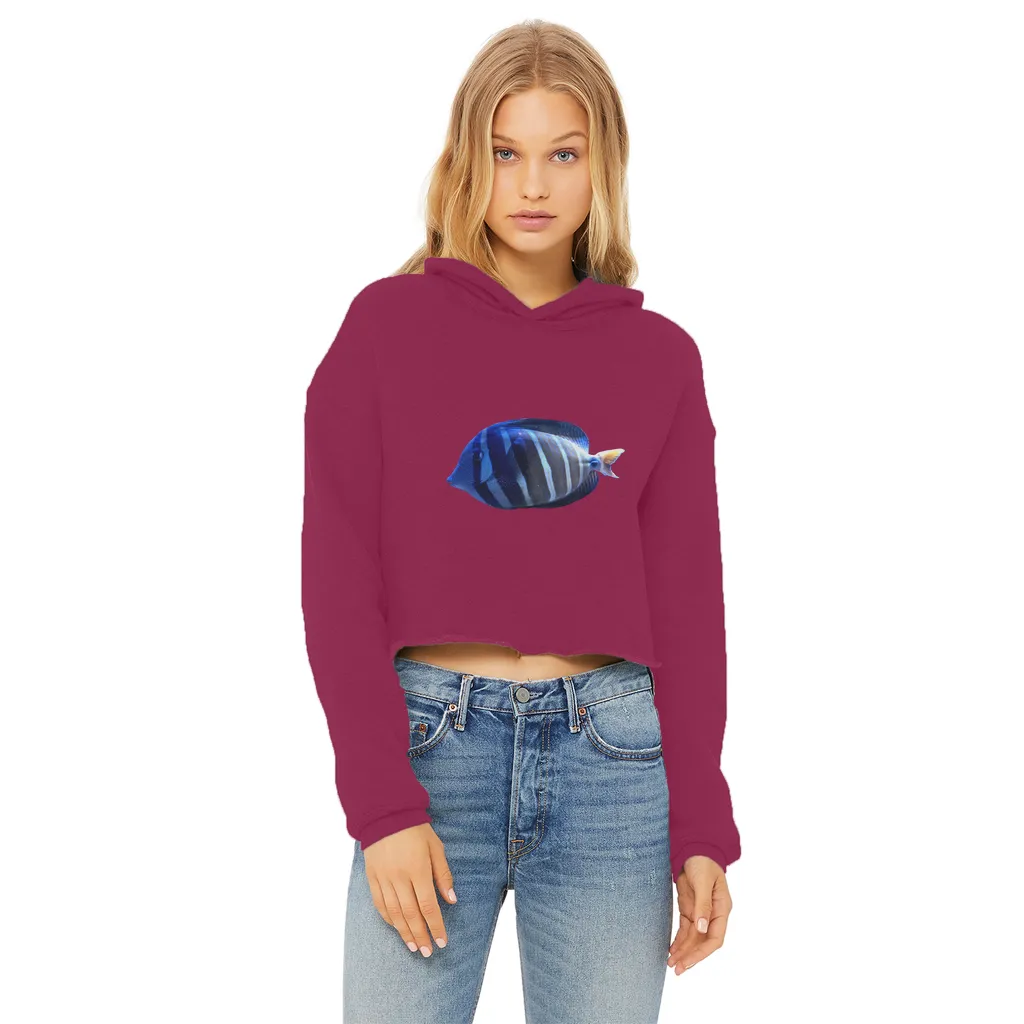 Blue Striped Fish Ladies Cropped Raw Edge Hoodie