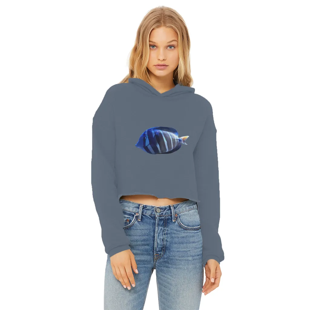 Blue Striped Fish Ladies Cropped Raw Edge Hoodie