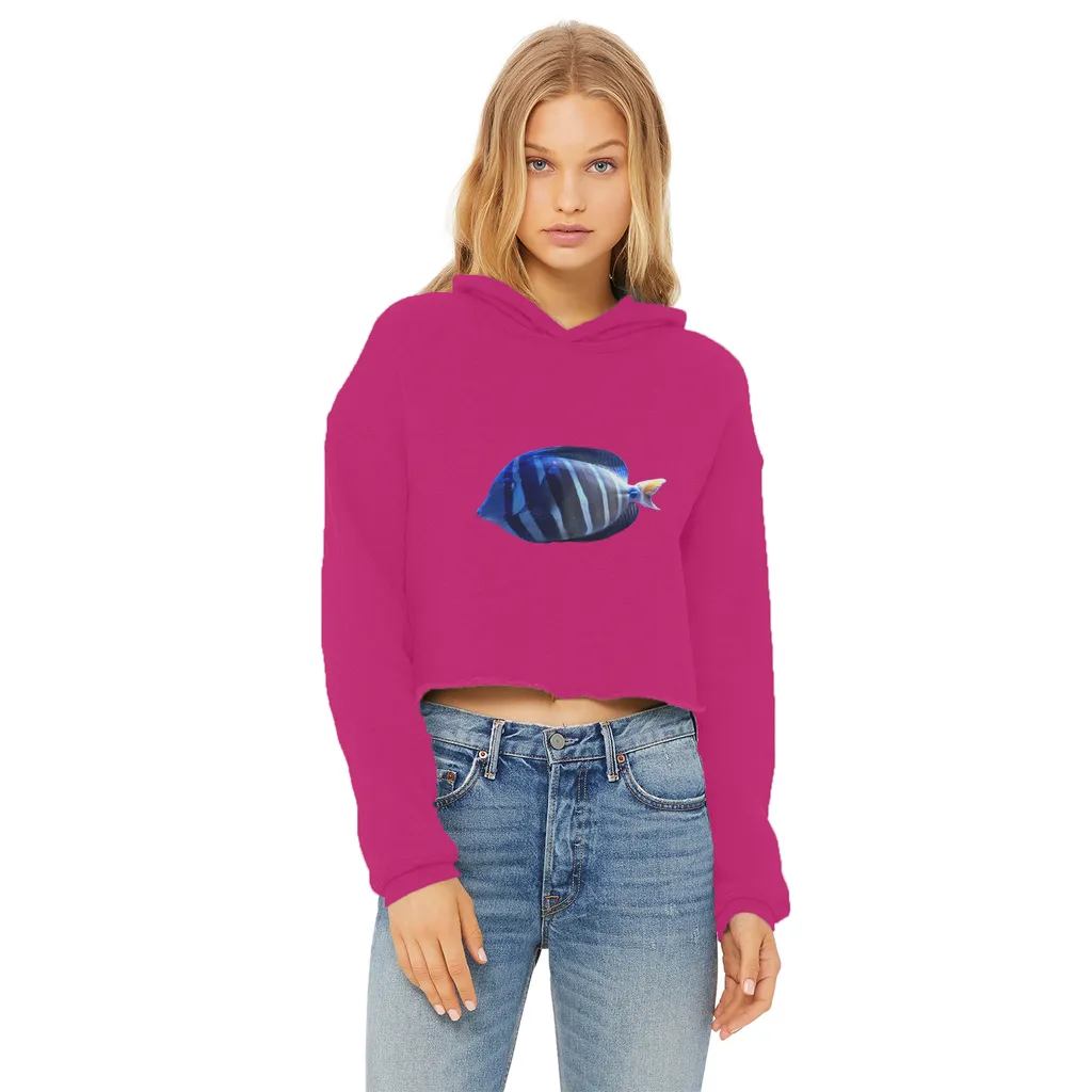 Blue Striped Fish Ladies Cropped Raw Edge Hoodie