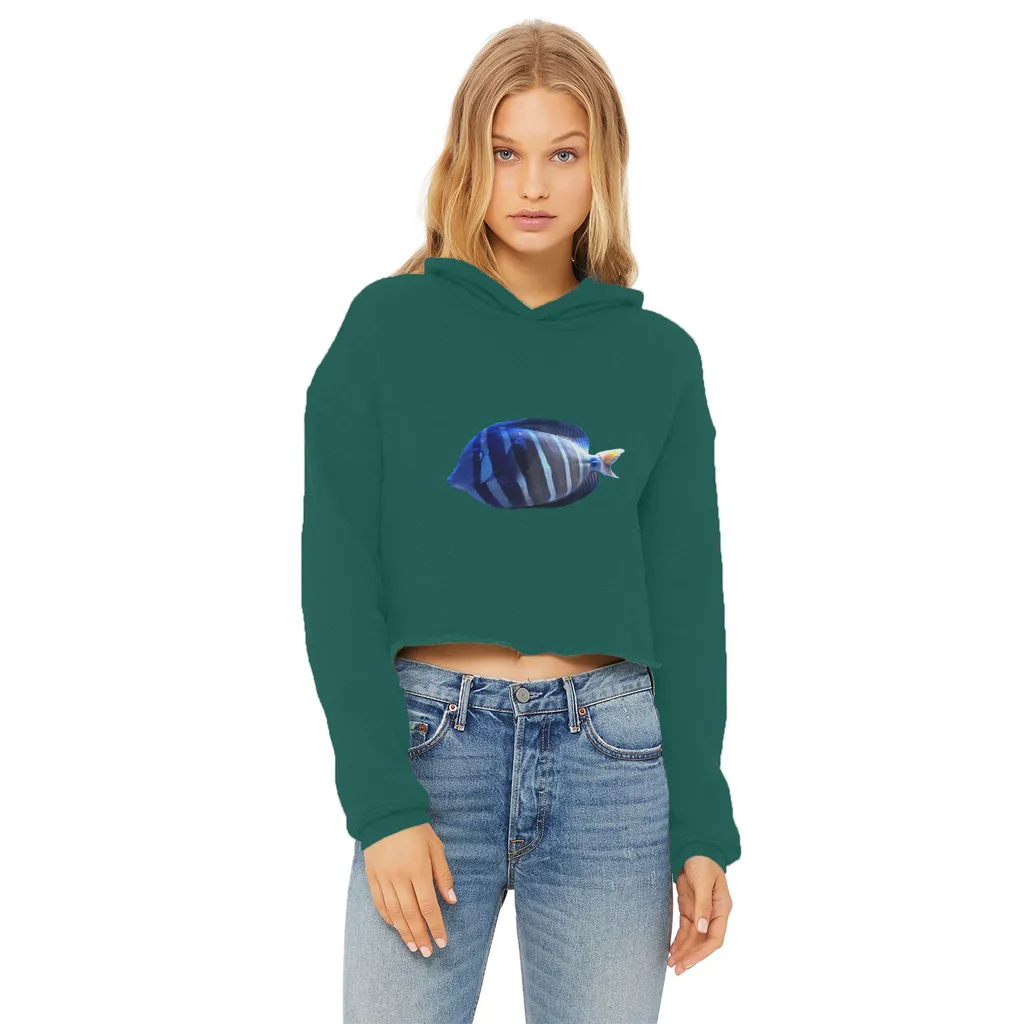 Blue Striped Fish Ladies Cropped Raw Edge Hoodie