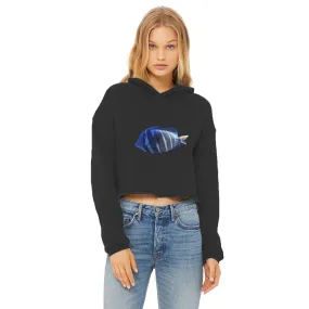 Blue Striped Fish Ladies Cropped Raw Edge Hoodie