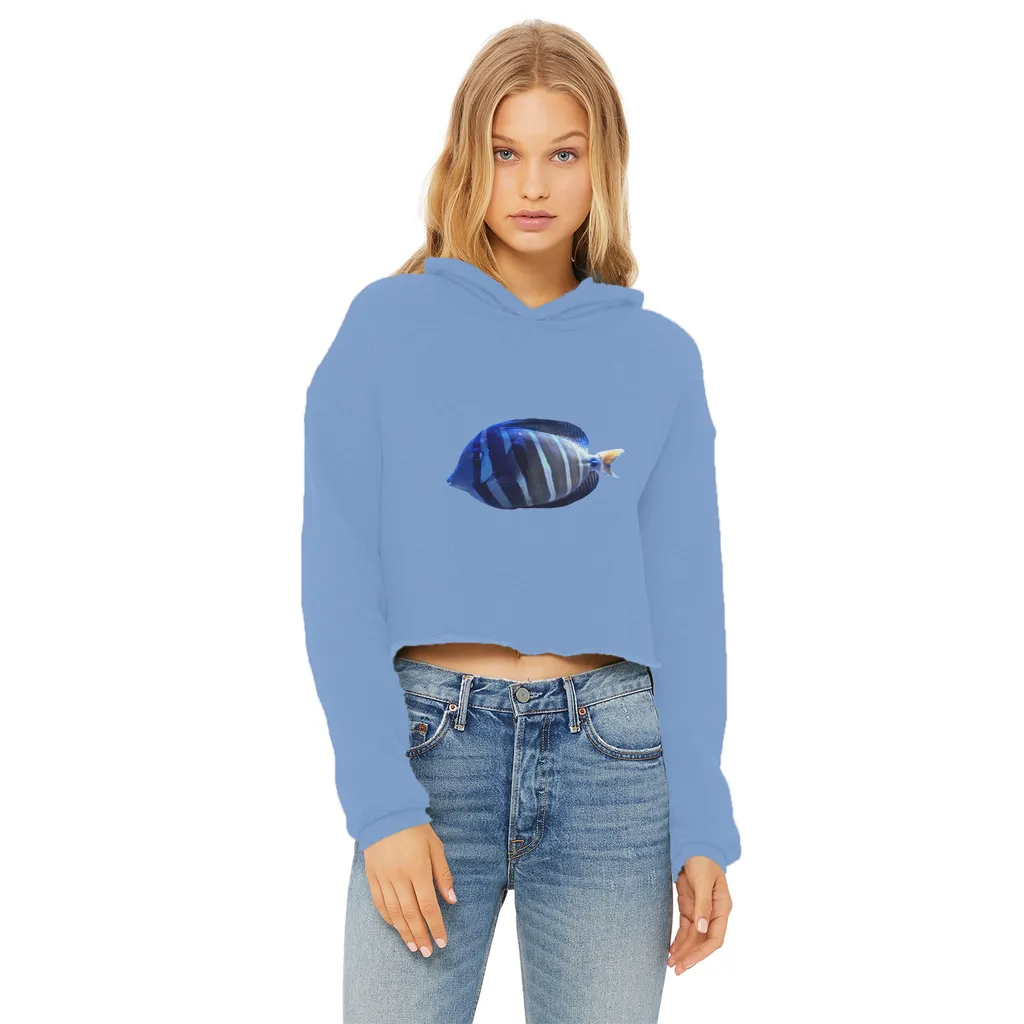 Blue Striped Fish Ladies Cropped Raw Edge Hoodie