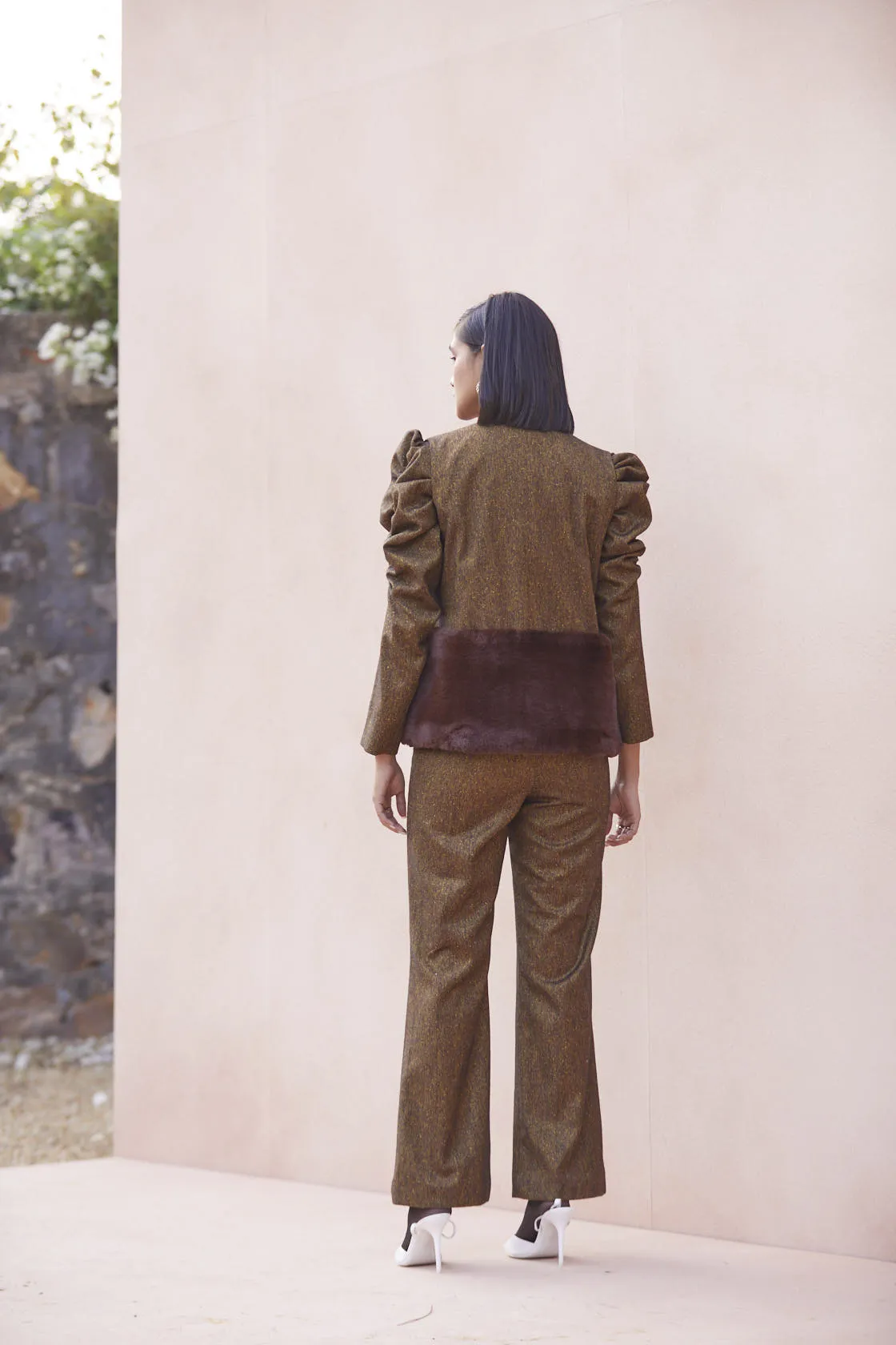 Brown Puff Sleeves Jumpsuit   Cut Sleeve Jacket with Fur
