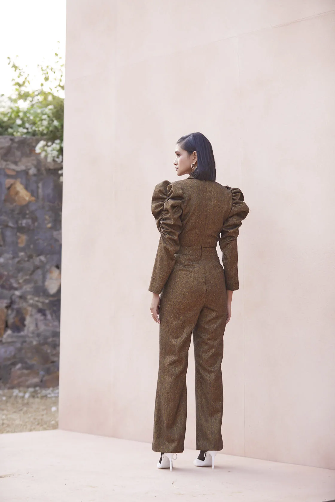 Brown Puff Sleeves Jumpsuit   Cut Sleeve Jacket with Fur