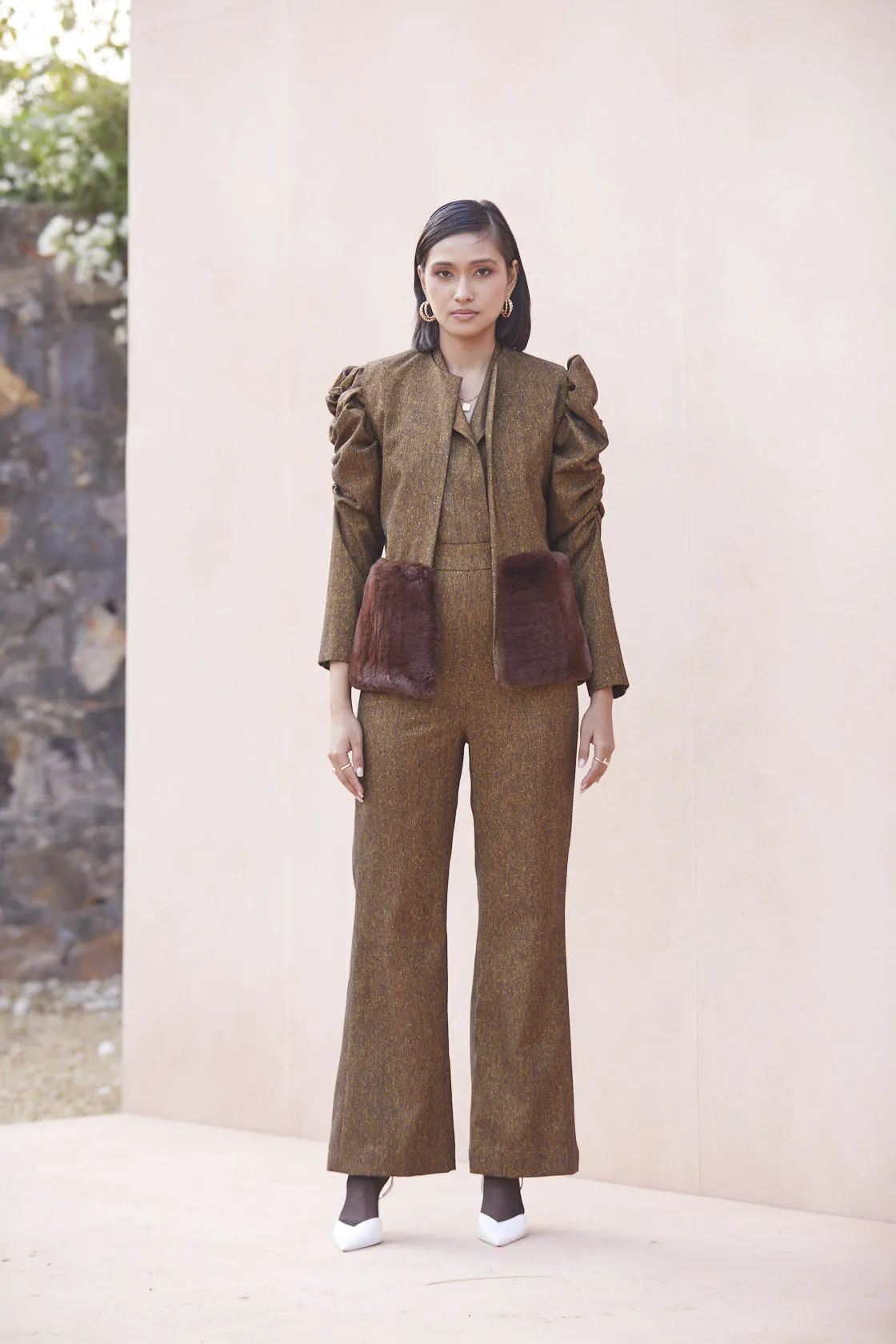 Brown Puff Sleeves Jumpsuit   Cut Sleeve Jacket with Fur