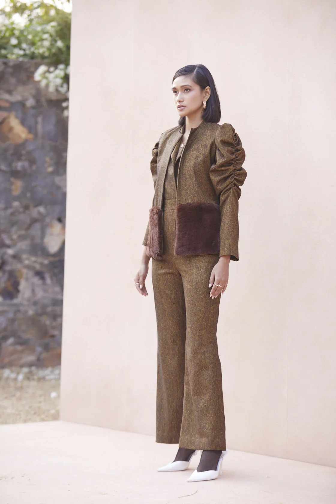 Brown Puff Sleeves Jumpsuit   Cut Sleeve Jacket with Fur