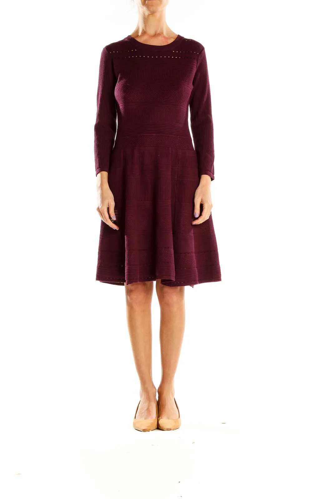 Burgundy Knit Fit-and-Flare Dress