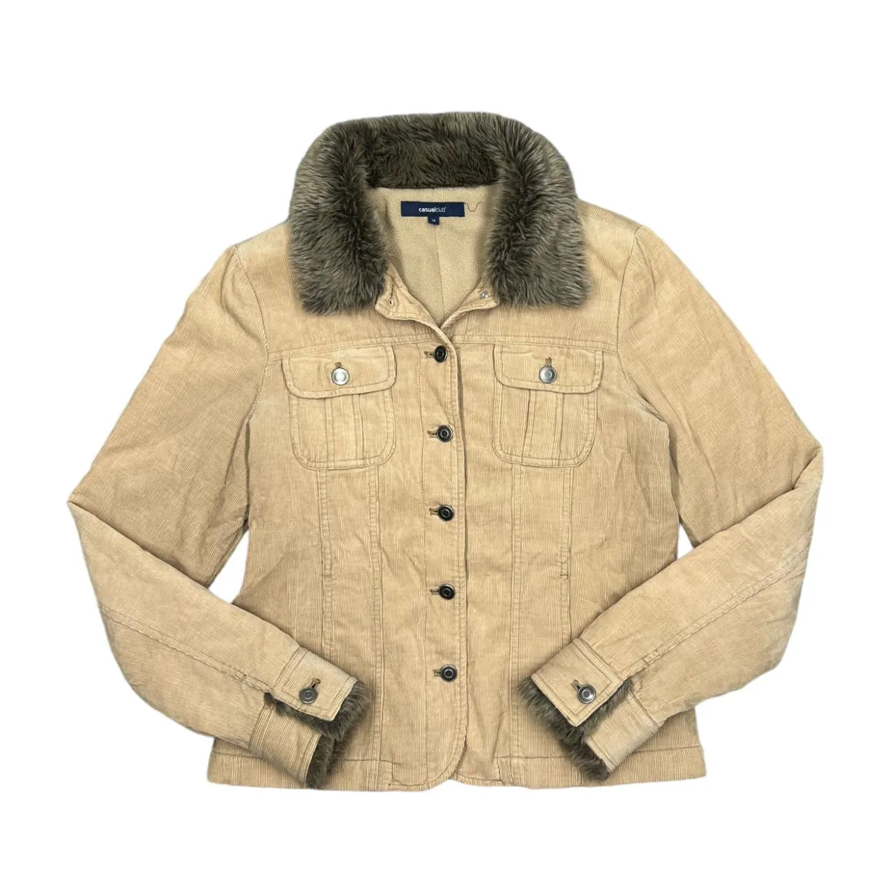 CASUAL CLUB Classic Faux Fur Trimmed Fleece Lined Corduroy Cord Trucker Jacket