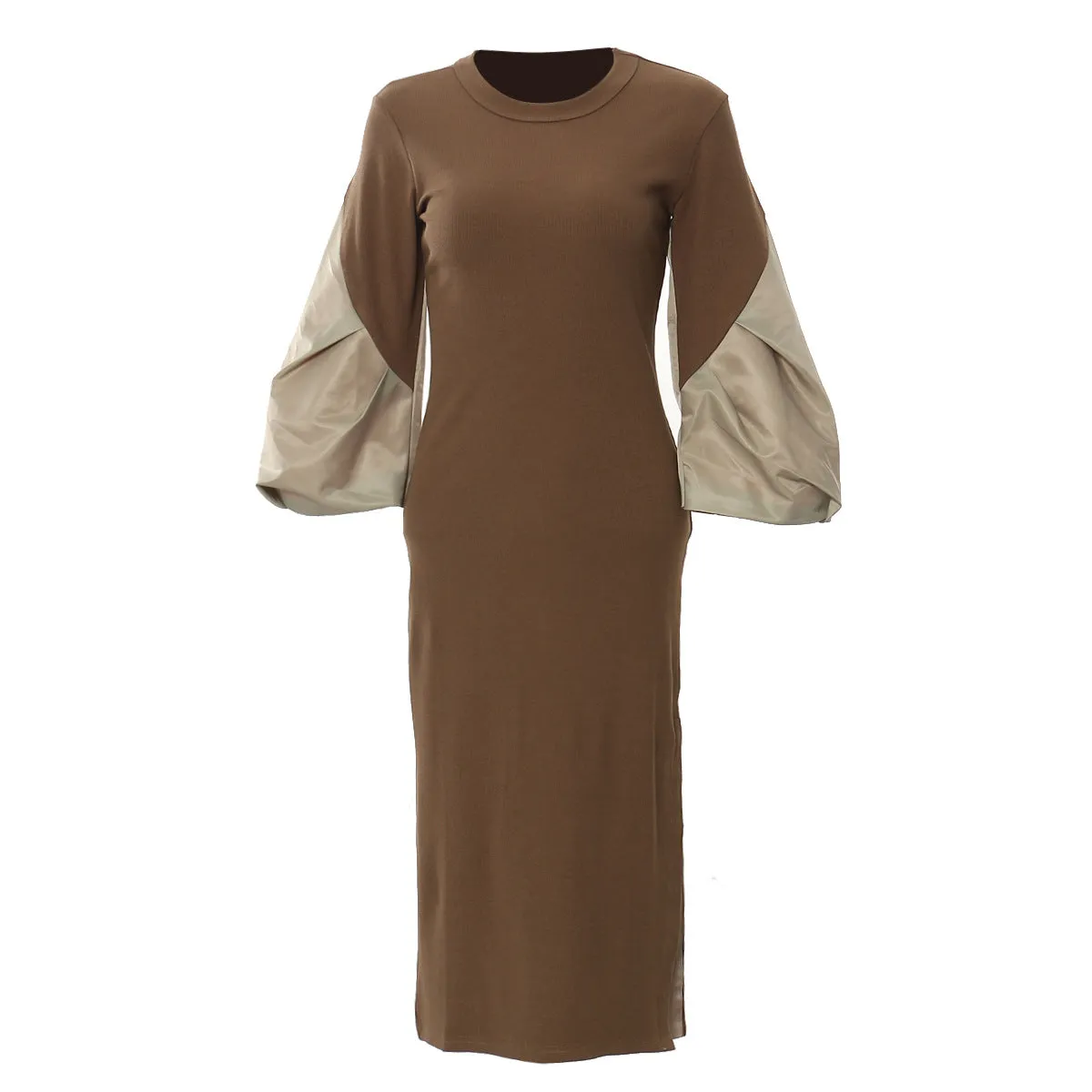 Contrast Color Puff Sleeves Slim Knit Party Dress