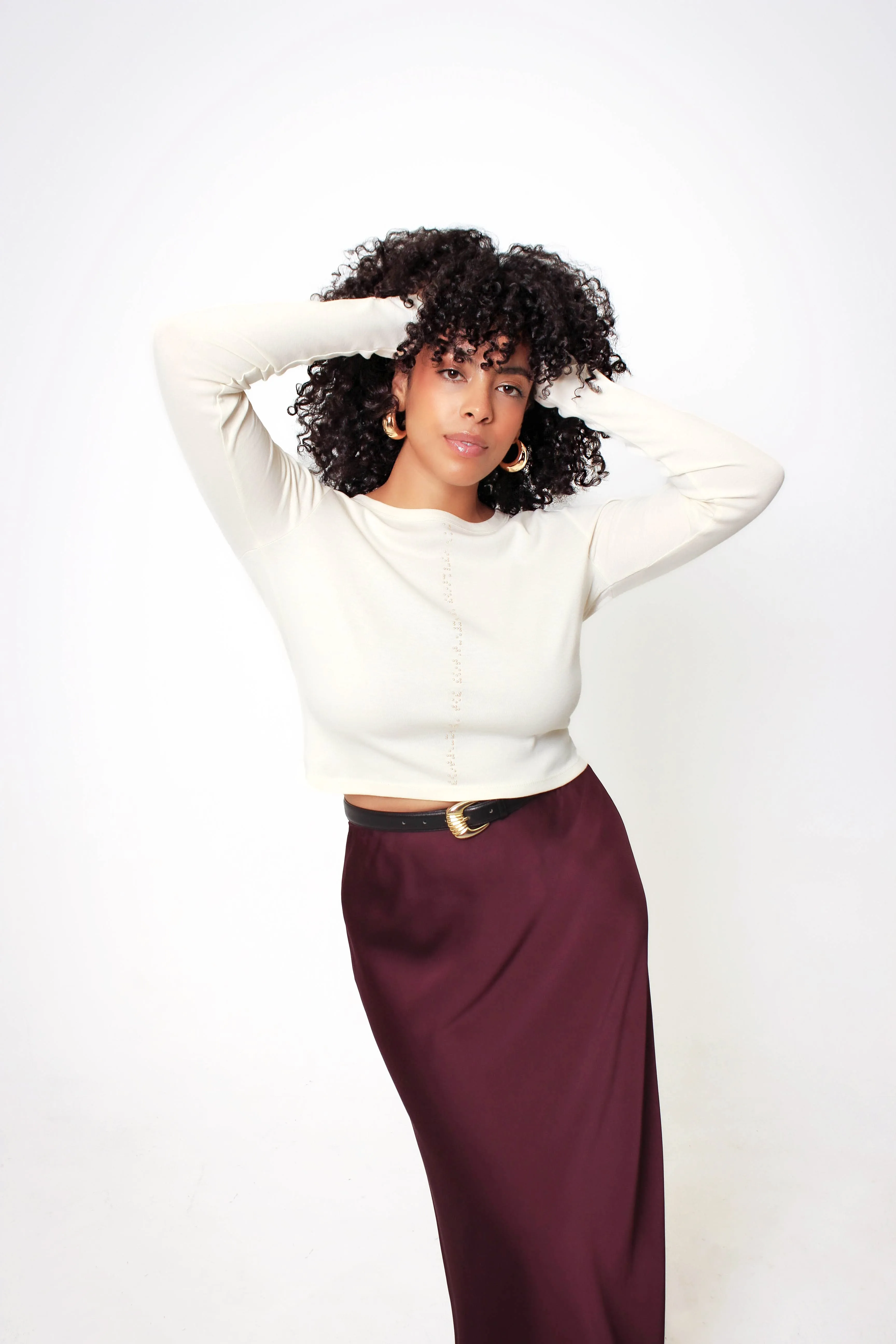 Cropped Braille Long Sleeve Shirt: Cream