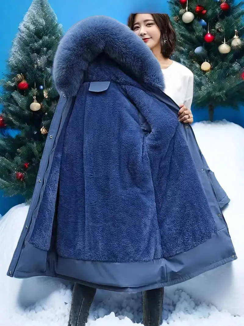Dames winterparka plus size - fleece, afneembare capuchon & imitatiebont