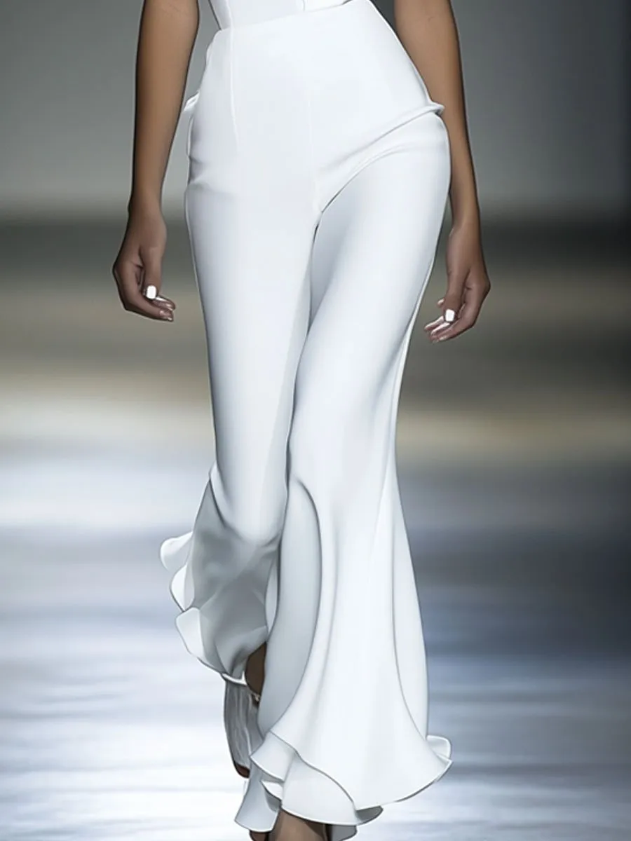 Fashion Party V-neck White Chiffon Sleeveless Flared Ruffle Jumpsuit