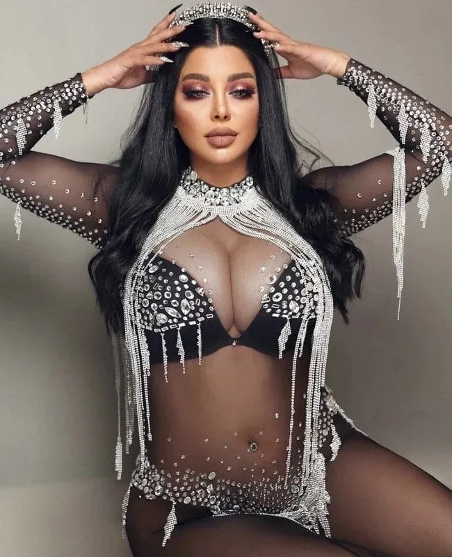 Festival Outfit Jumpsuit with Fringe Jumpsuit Tassel Rhinestone Catsuit Drag Bachelorette Prom Birthday