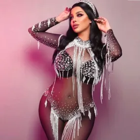 Festival Outfit Jumpsuit with Fringe Jumpsuit Tassel Rhinestone Catsuit Drag Bachelorette Prom Birthday