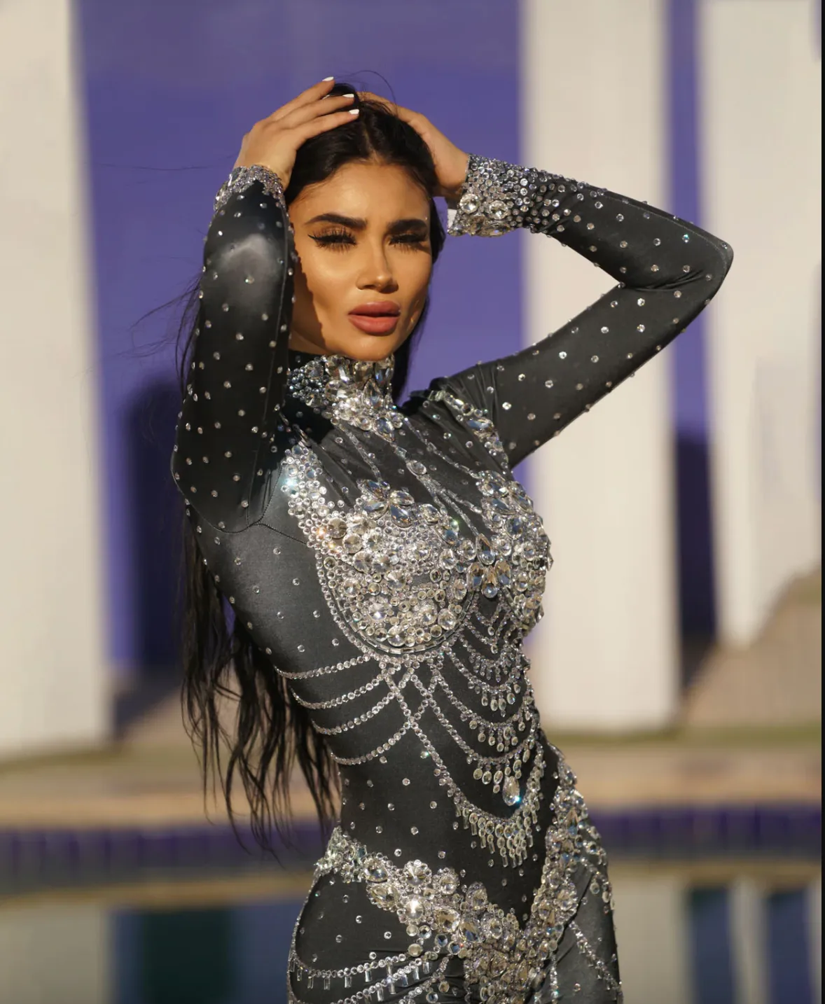 Festival Outfit Rhinestones Black Jumpsuit Bodysuit Sequin Costume