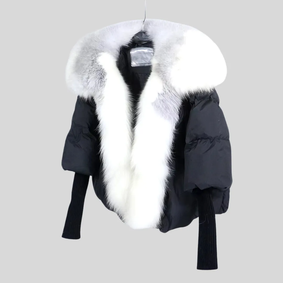 Fox Fur Trim Puffer Jacket - Black