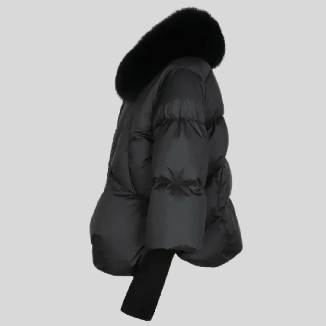 Fox Fur Trim Puffer Jacket - Black
