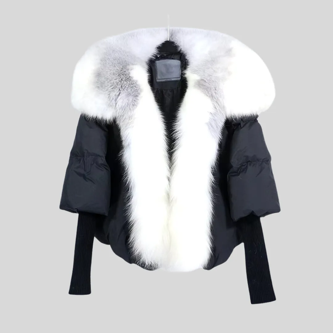 Fox Fur Trim Puffer Jacket - Black