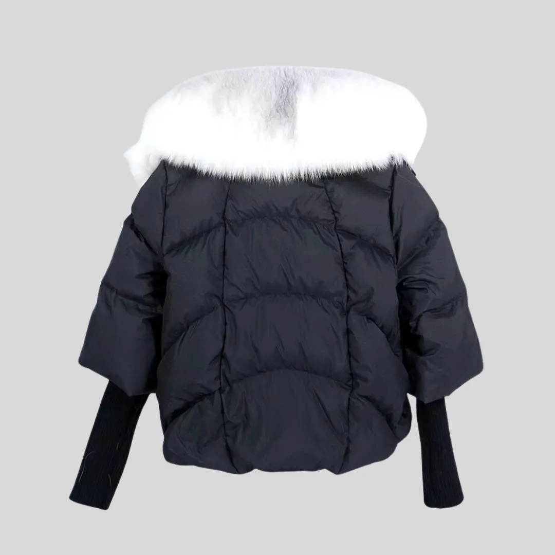 Fox Fur Trim Puffer Jacket - Black