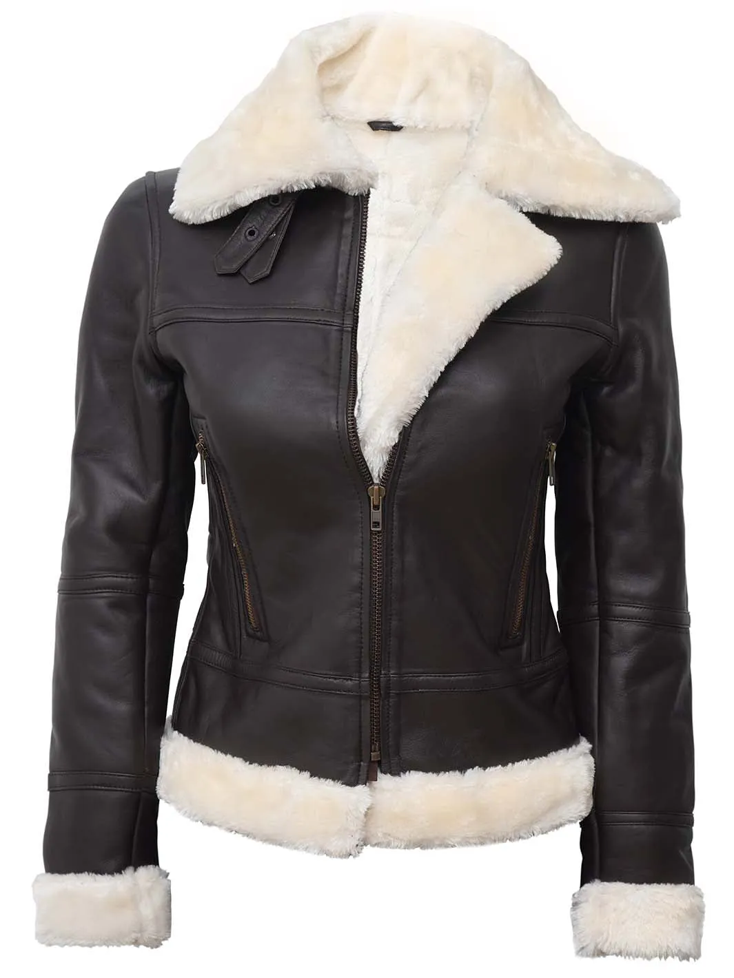 Frances Women's Dark Brown Shearling Leather Bomber Jacket