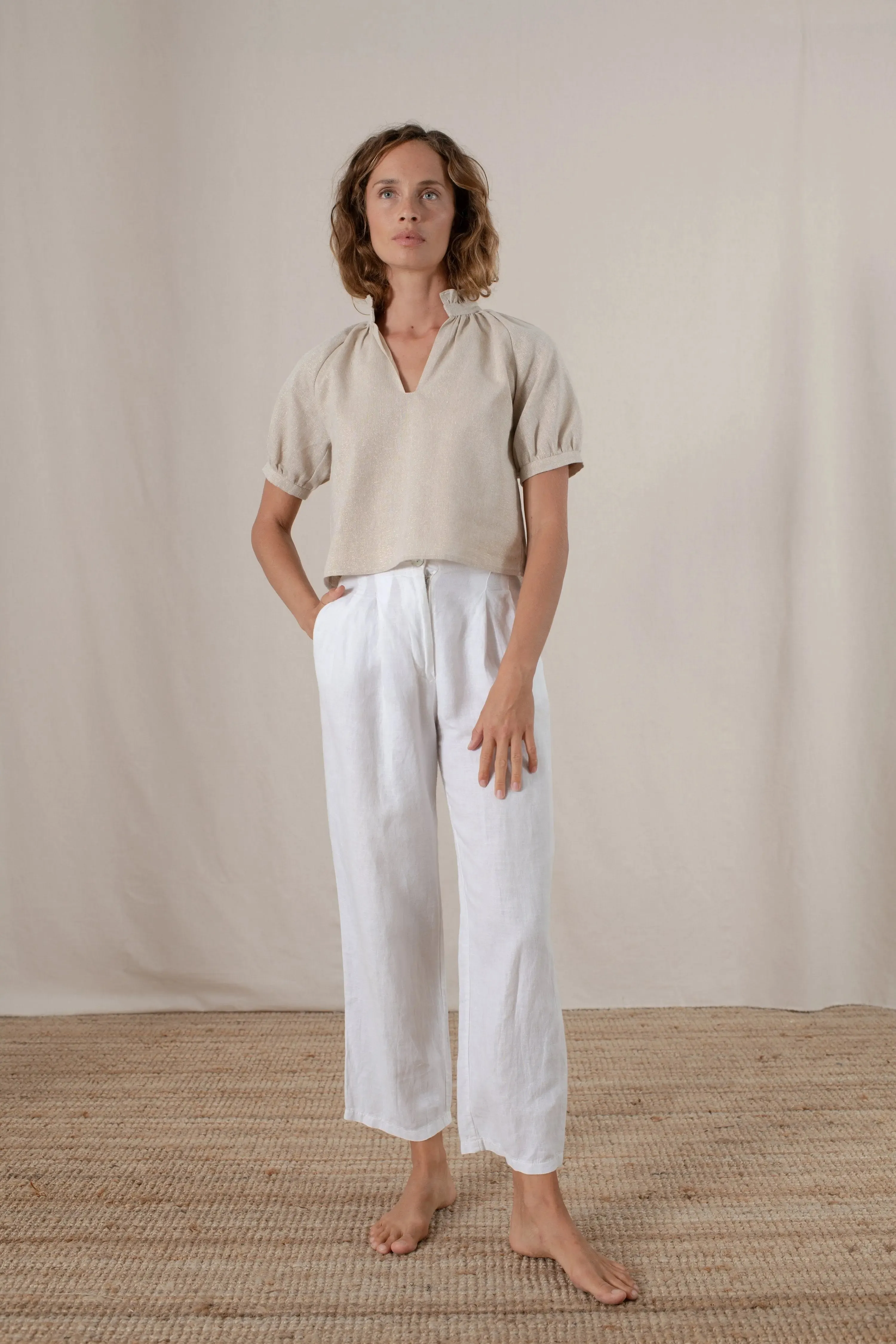 Gold Ruffle Linen Top