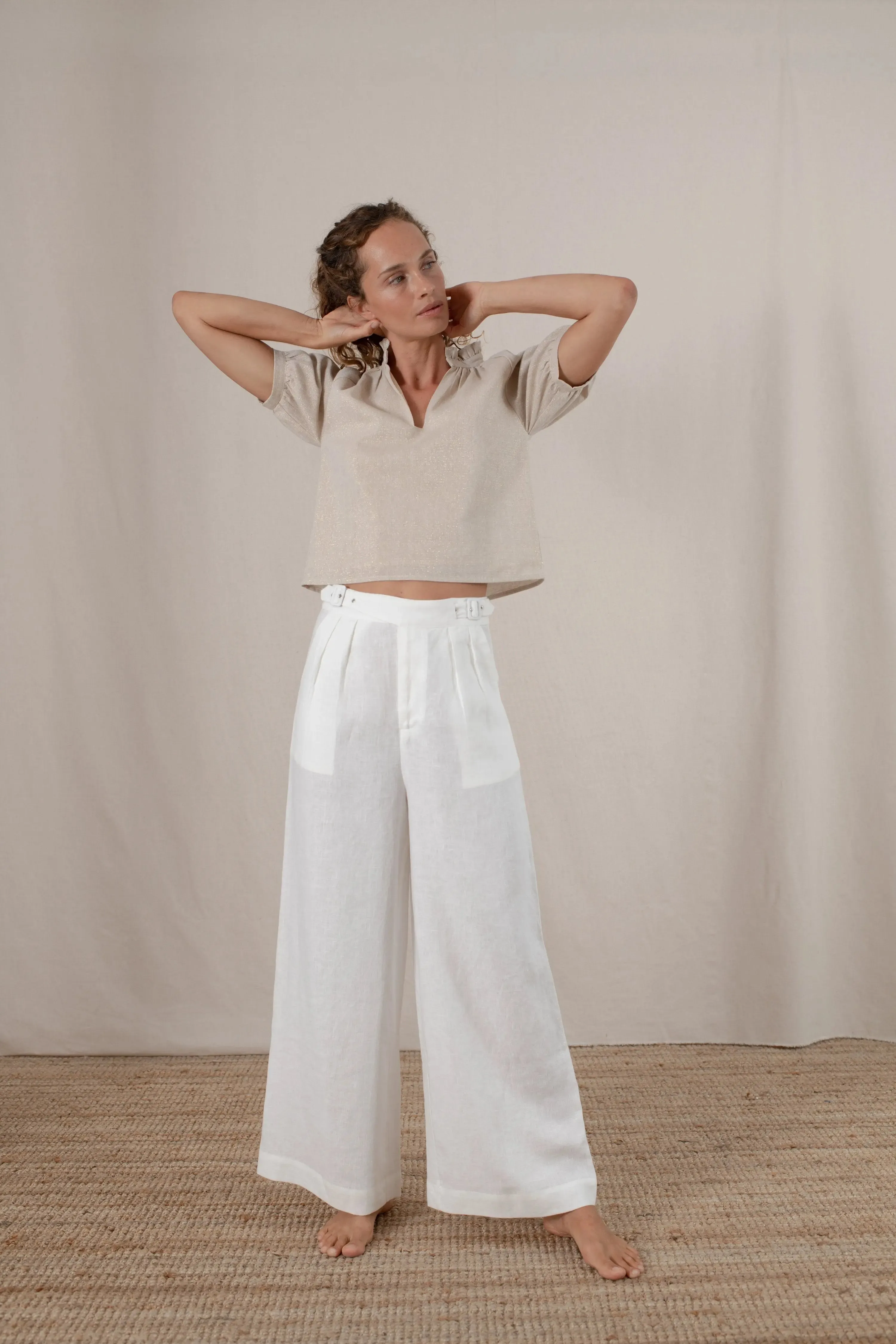 Gold Ruffle Linen Top