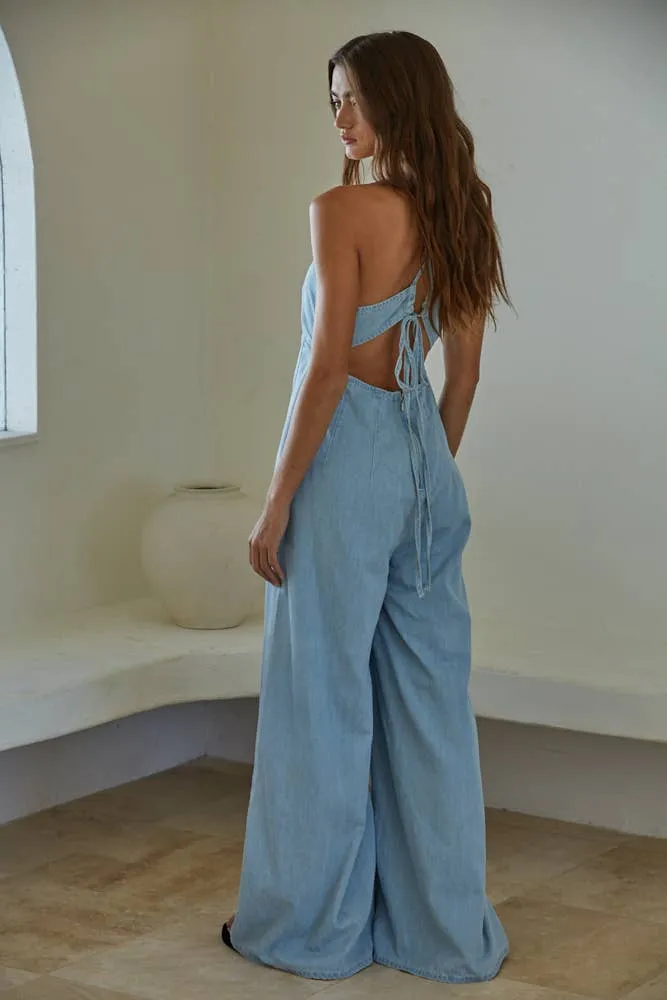 Gwen Denim V-Neck Wide Leg Jumpsuit: Light Blue LAST ONE! By Together