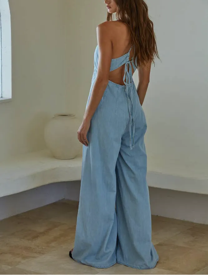 Gwen Denim V-Neck Wide Leg Jumpsuit: Light Blue LAST ONE! By Together
