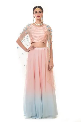 Hand Embroidered Cape with a Pink & Blue Shaded Lehenga & Blouse Set