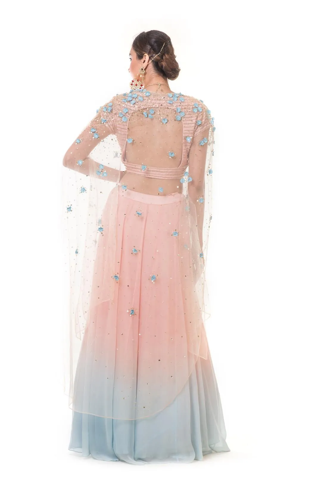 Hand Embroidered Cape with a Pink & Blue Shaded Lehenga & Blouse Set