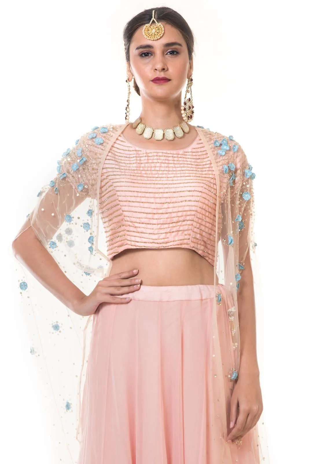 Hand Embroidered Cape with a Pink & Blue Shaded Lehenga & Blouse Set