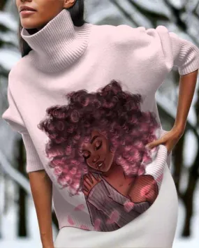 Happy Curly Girl High Neck Long Sleeve Top